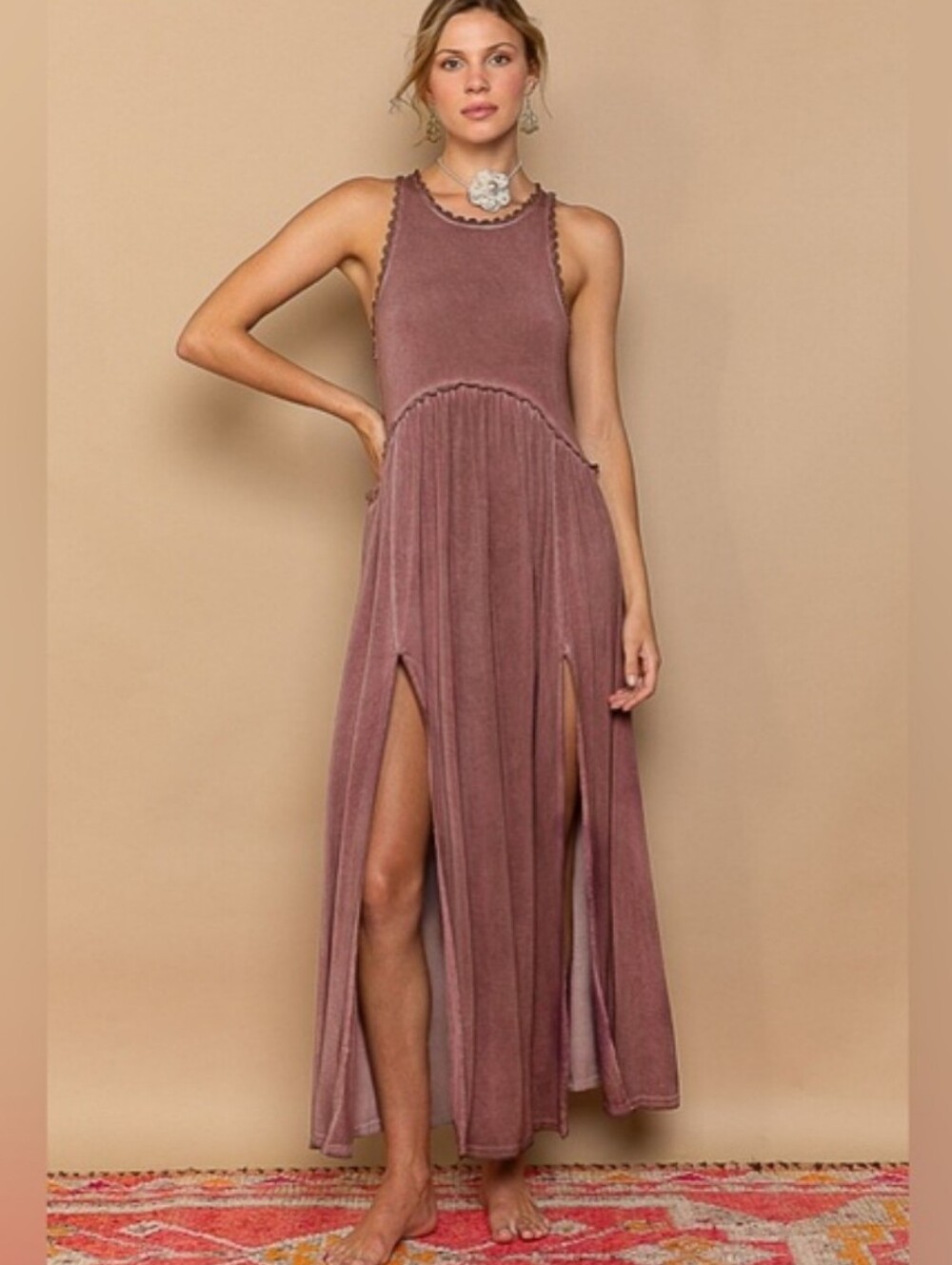 POL Baby Doll Crochet Cut Out Boho Mauve Wash Side Slit Maxi Dress Size Large